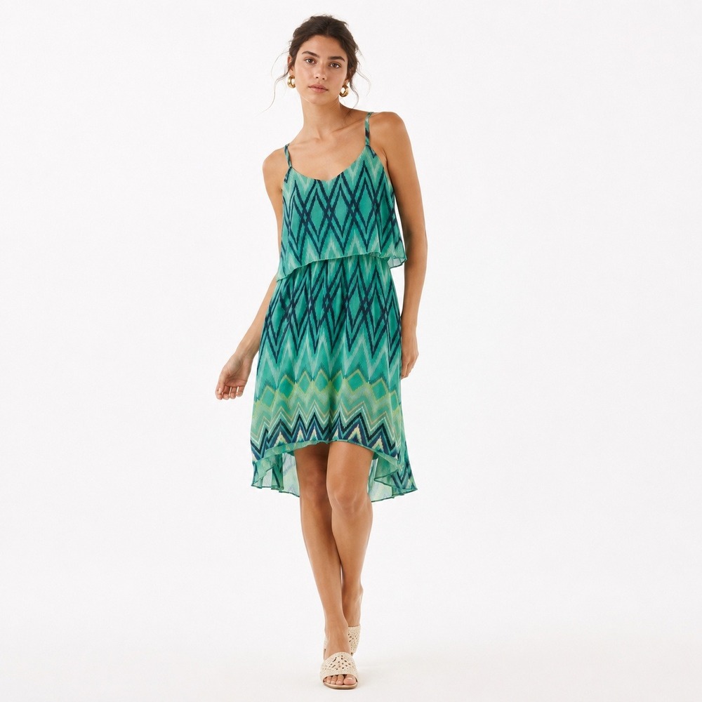 Lily Rose Dress Womens Large Teal Blue Ikat Chevron High Low Popover Chiffon L